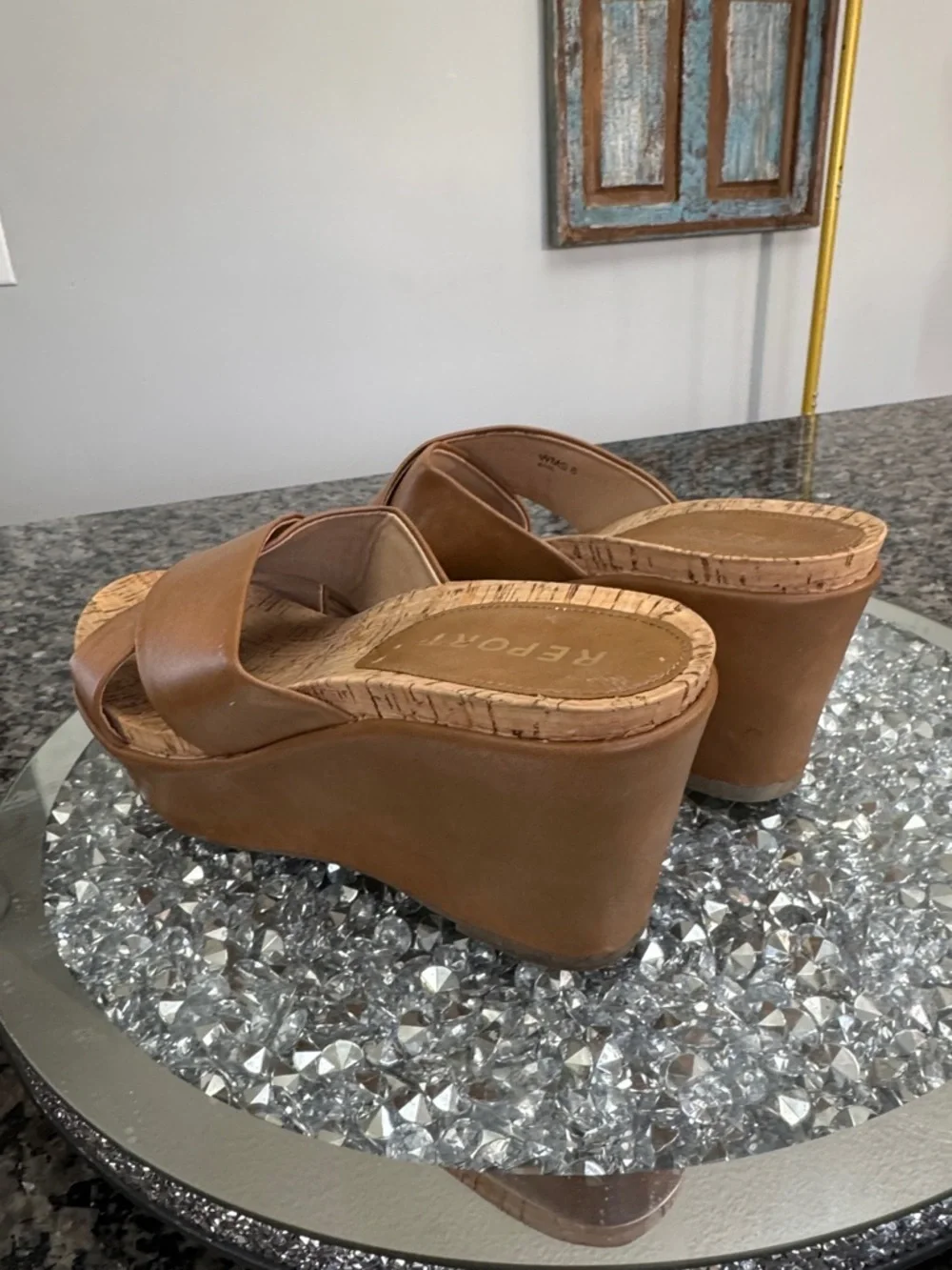 Report Basil deep camel Tan Crisscross Cork Wedge Slides EUC 8